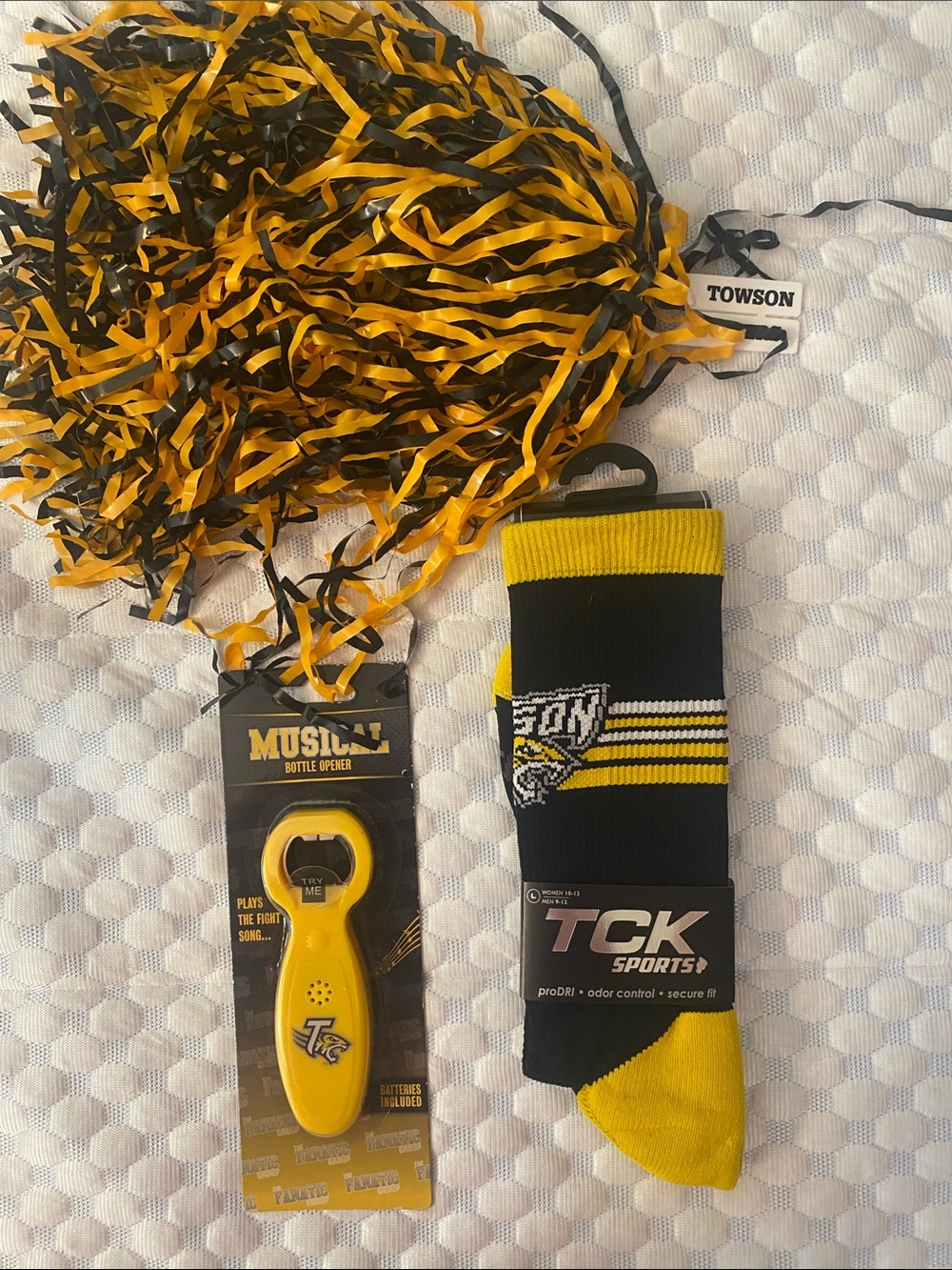 NWT Towson University Swag Black & Gold Pom Pom, Socks and Bottle Opener Set